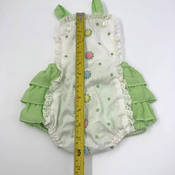 Vtg Infant Green & White Ruffled Floral Baby Romper 9 Months Polyester/Rayon - Picture 2 of 16